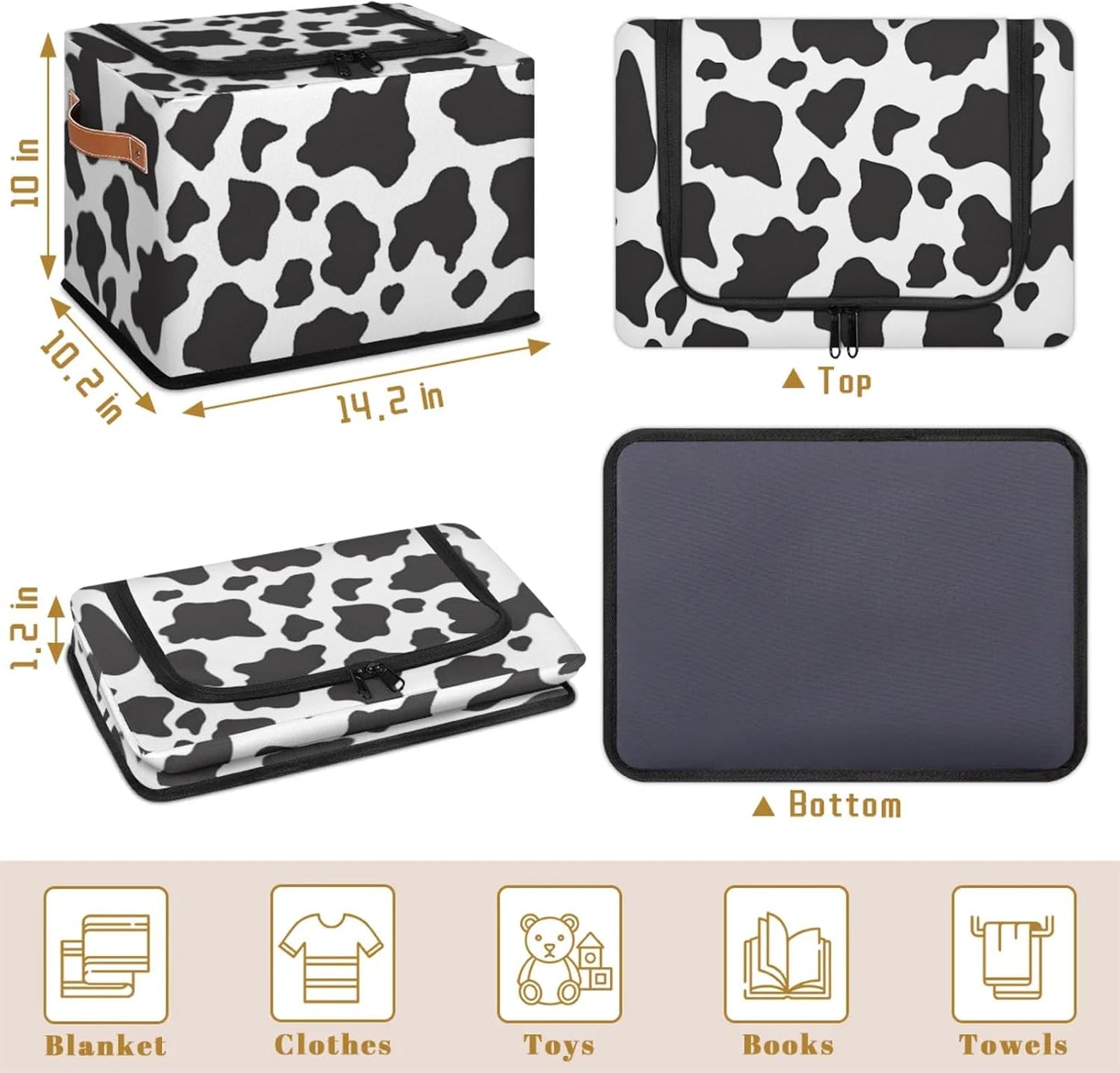 Cow Print Pattern Storage Bins With Zipper Lid, Collapsible Trunk Organizer, Car Organizers and Storage Bins with Lids, Decorative Storage Boxes with Handle, Home Storage Baskets for Organizing