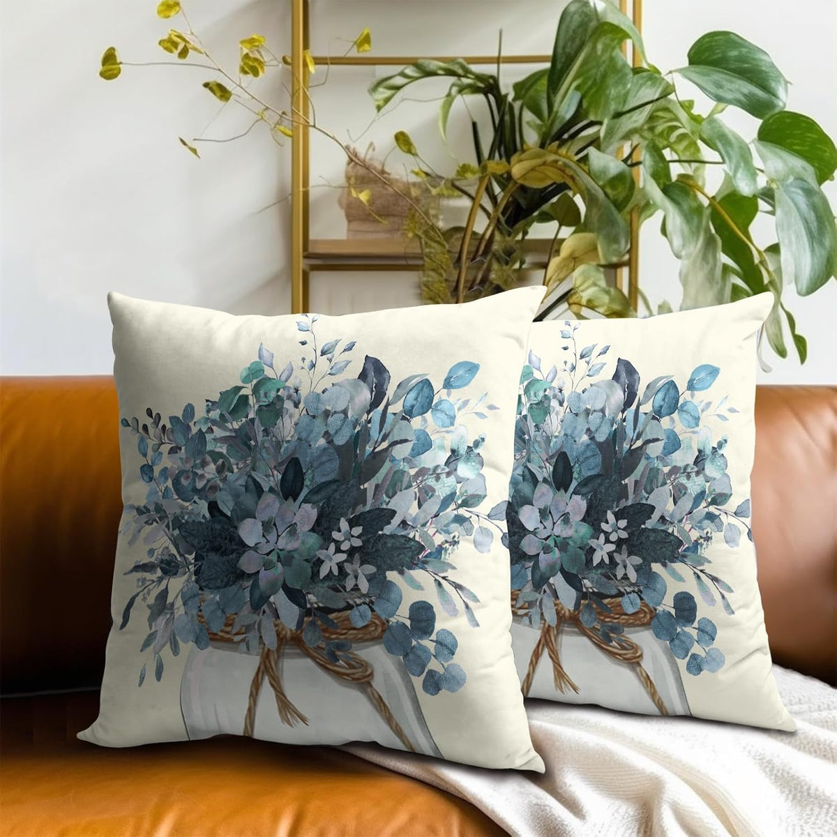 Eucalyptus Throw Pillow Covers 18x18 Set of 2, Rustic Winter Blue Leaves Greenery Vase Farmhouse Decorative Pillow Cases Cotton Cushion Cover for Home Sofa Couch Decor