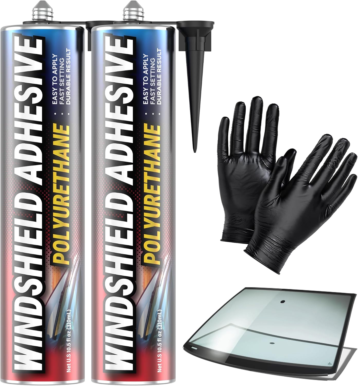 [2 Pack] Polyurethane Windshield Adhesive - Quick Curing & Weather Resistant Auto Glass Adhesive, Vertical & Overhead Application, Windshield Repair Kit with Gloves, Applicator Tip & Cartridge - 310ml