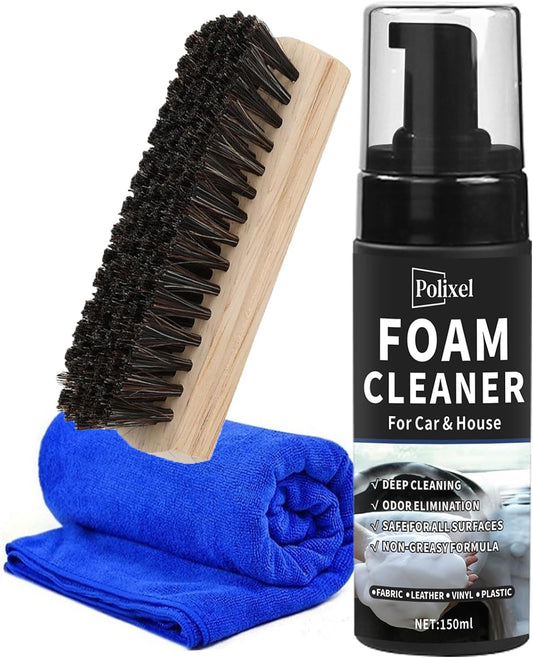 Car Interior Foam Cleaner - Powerful Waterless Carpet Upholstery & Seat Stain Remover for Leather, Fabric, Vinyl - Auto Detailing Spray with Brush Safe for All Cars - 5oz / 150ml