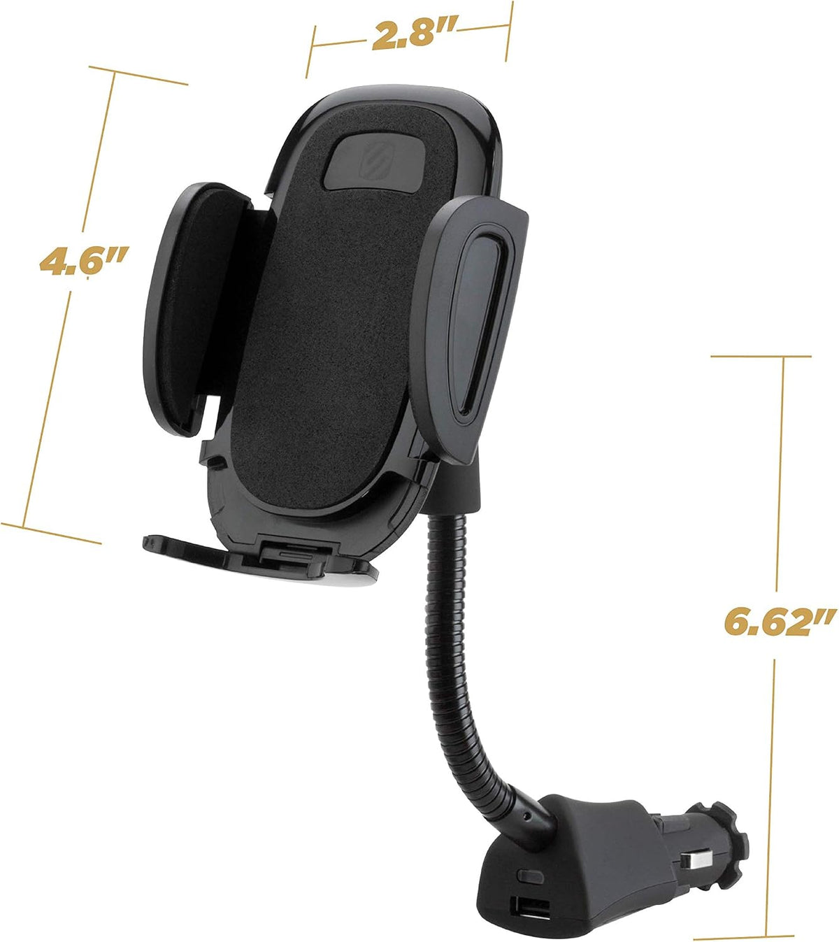 Scosche Universal 12V Car Phone Mount with USB Charger, Phone Holder with Cigarette Lighter Adapter for 12V Socket Plug-In, Flexible Gooseneck, Adjustable Cradle for iPhone & Android Cell Phones