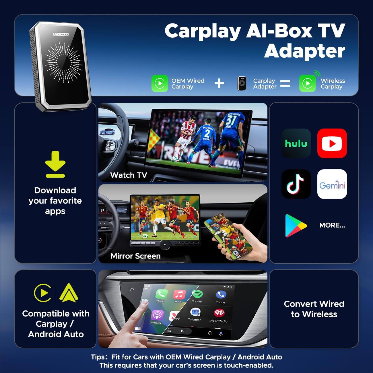 LAMTTO Wireless CarPlay Adapter with Gemini AI, 4GB+32GB Magic Box with Full Google Play Access—Download Streaming Apps, Games, Support Android Auto, OTA, HDMI, Airplay, USB Drive Media Playback