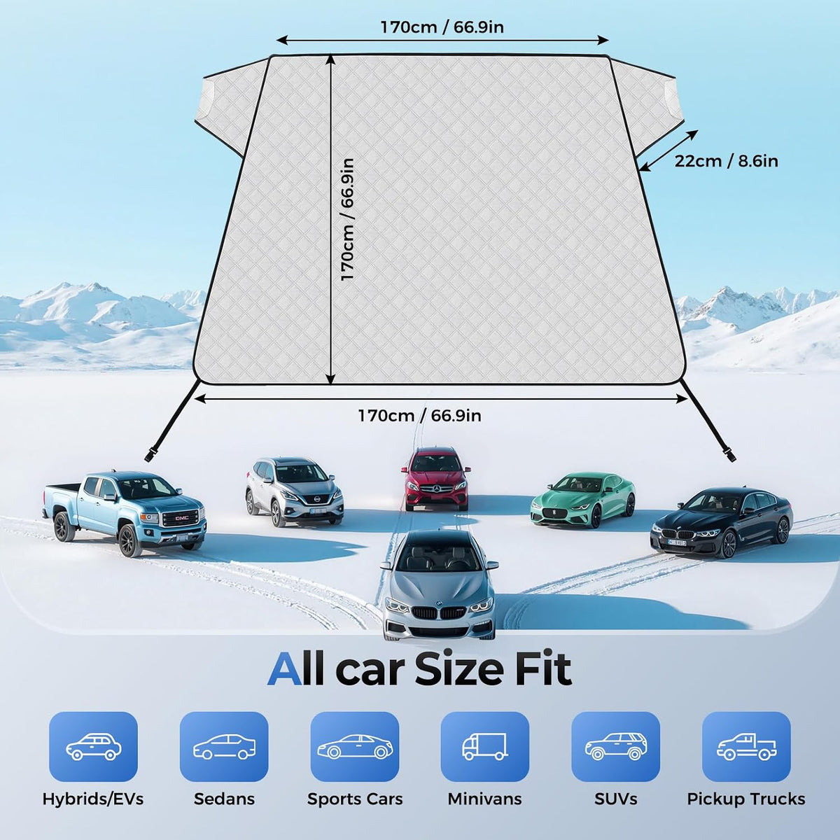 FLORICH Car Windshield Cover for Ice and Snow Heavy Duty 600D Oxford Fabric with Side Mirror Cover,Standard Winter Frost Hail Protector for Most Car, Truck, SUV, Van and MPV (66x 47Inch)