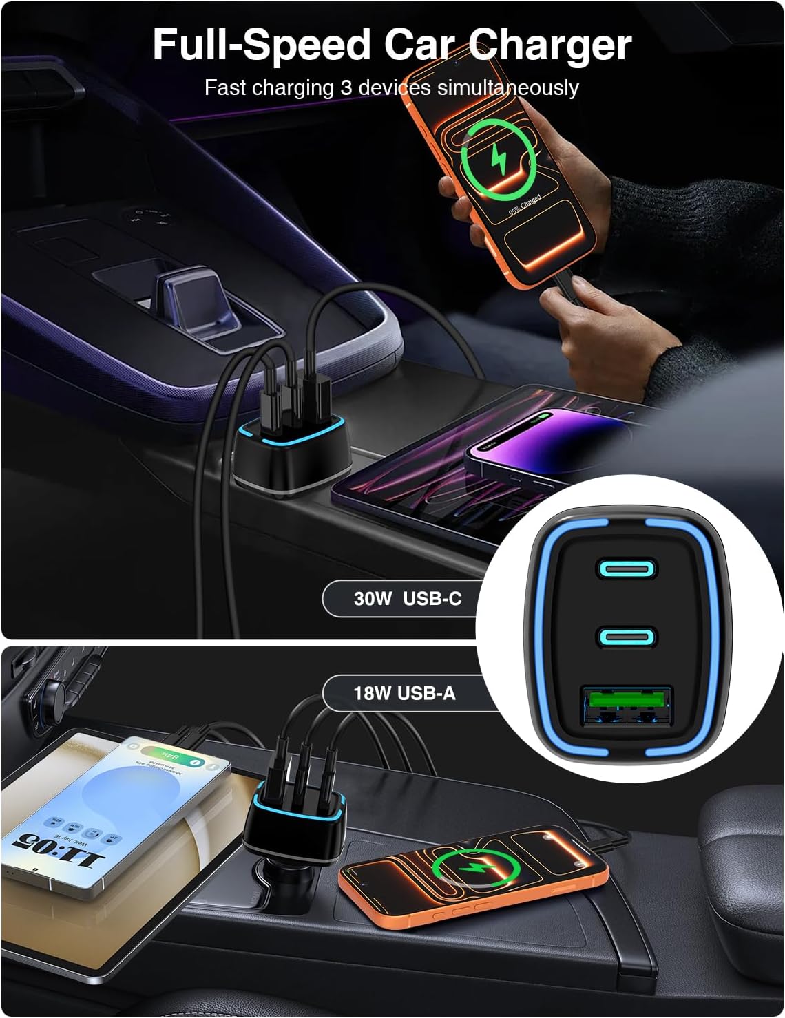75W USB C Car Charger, 3-Port Super Fast Charging Cigarette Lighte