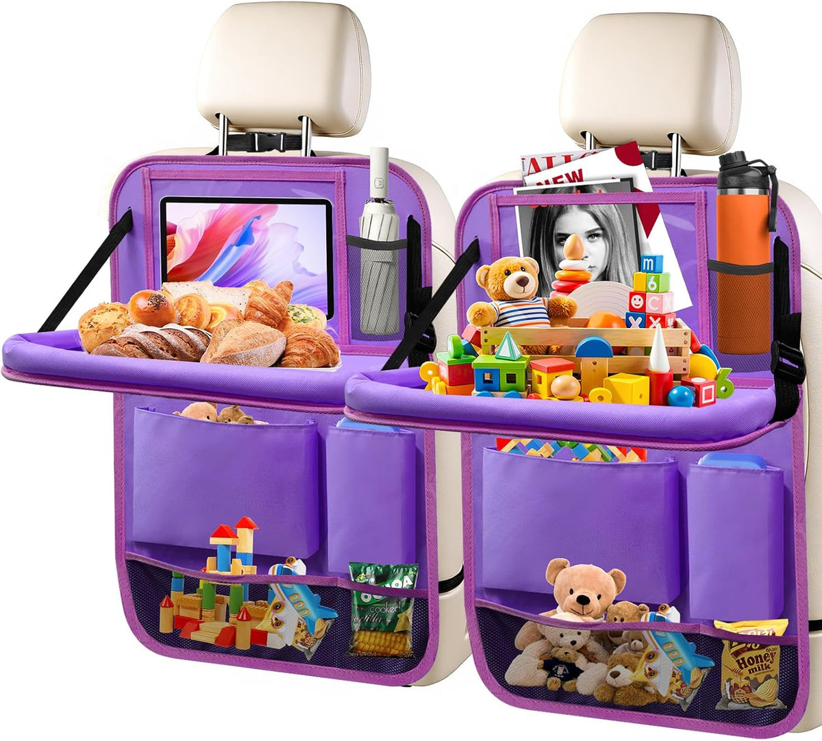 2 Pack Car Backseat Organizer with Foldable Table Tray Purple