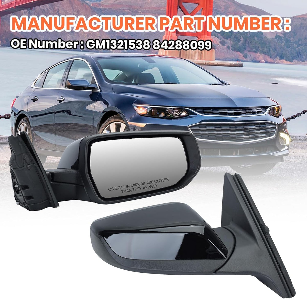 Driver Side Mirror Compatible with Chevy Malibu 2016-2022 Gloss Black 3Pins