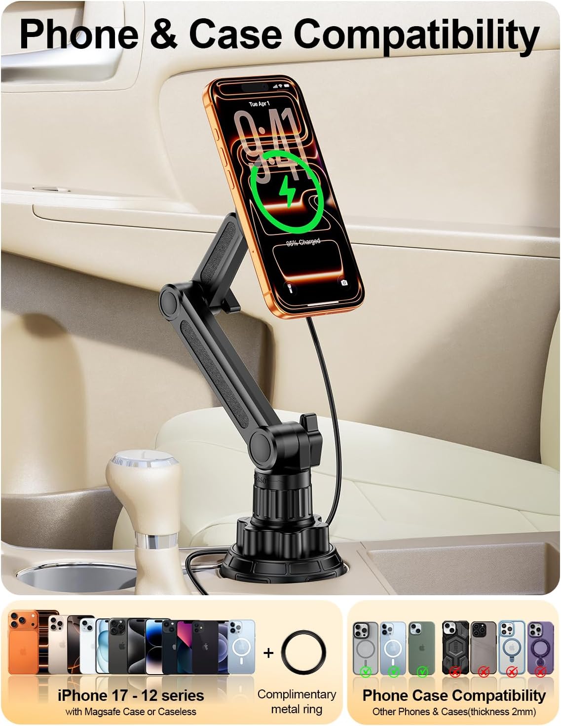 Magsafe Car Mount Charger, Stable Cup Holder Phone Holder Wireless Charger