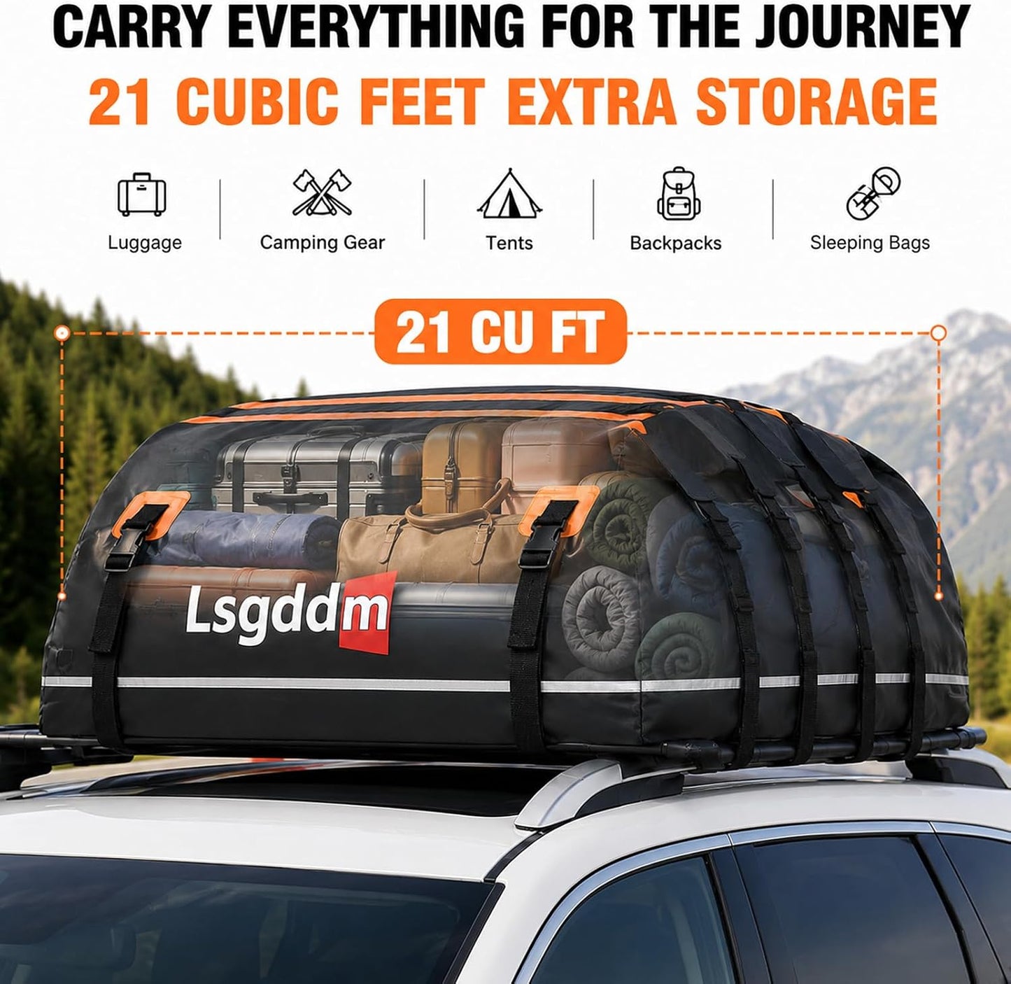Car Roof Cargo Carrier 15/21 Cubic Feet – Extra Storage for Travel, Waterproof Rooftop Bag, Fits All Vehicles with or Without Roof Rack (21 Cu Ft)