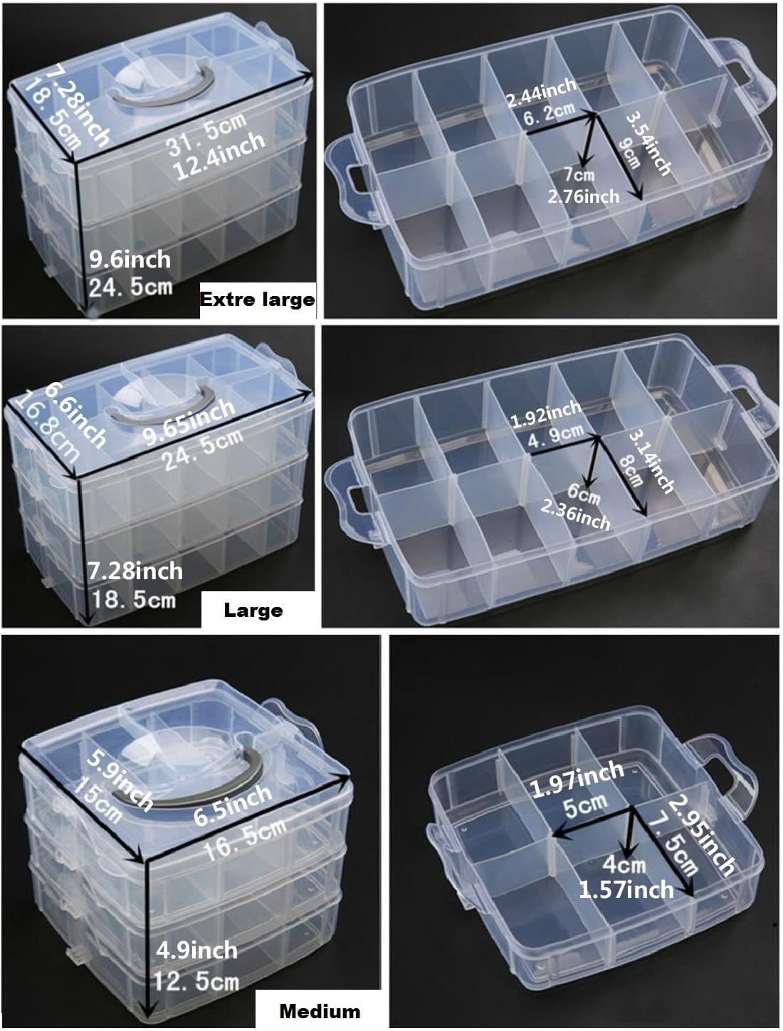 Kamay's 3-Tier Transparent Stackable Adjustable Compartment Slot Plastic Craft Storage Box Organizer for Toy Desktop Jewelry Accessory or Kitchen (3-Tier 18 Sections M White)