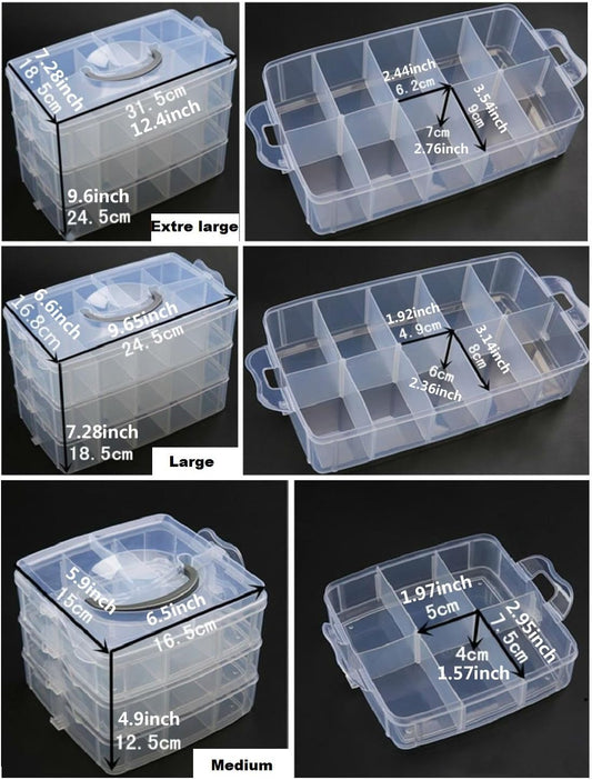 Kamay's 3-Tier 18 Sections Transparent Stackable Adjustable Compartment Slot Plastic Craft Storage Box Organizer for Toy Desktop Jewelry Accessory Drawer Or Kitchen 4 Colors 3 Sizes(Medium Pink)