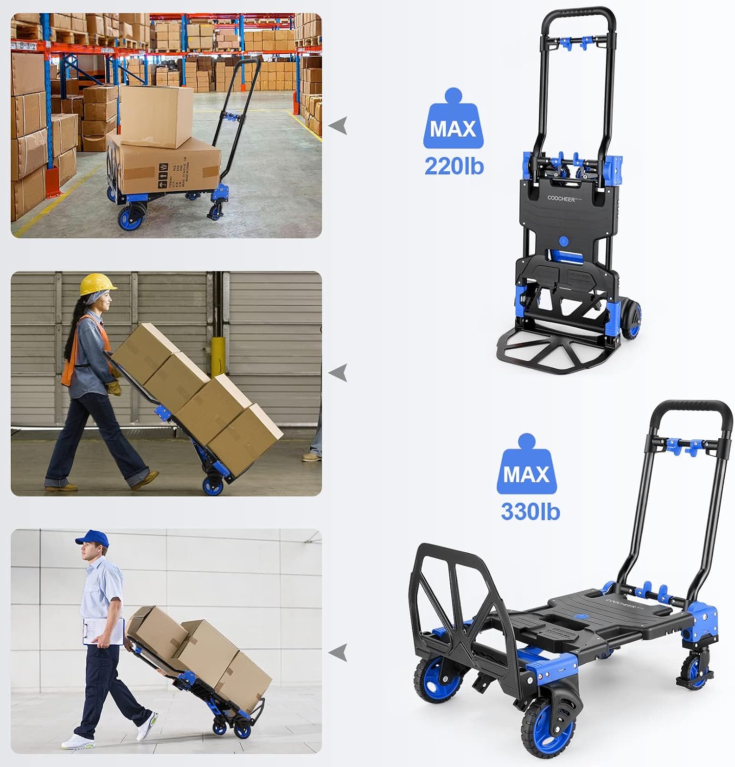 2-in-1 Folding Hand Truck Dolly with Basket, 330LB Load Carrying, Foldable Dolly with Retractable Handle and 4 Rubber Wheels, Portable Hand Cart for Moving/Travel/Office(Blue Upgrated)