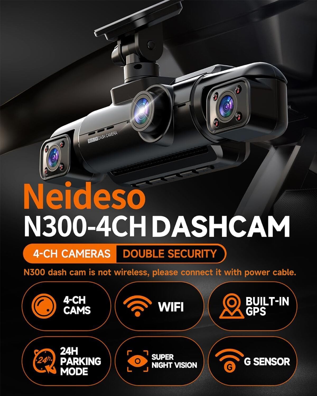 Neideso 360° Dash Cam Front and Rear Inside, 4 Channel Dash Camera for Car