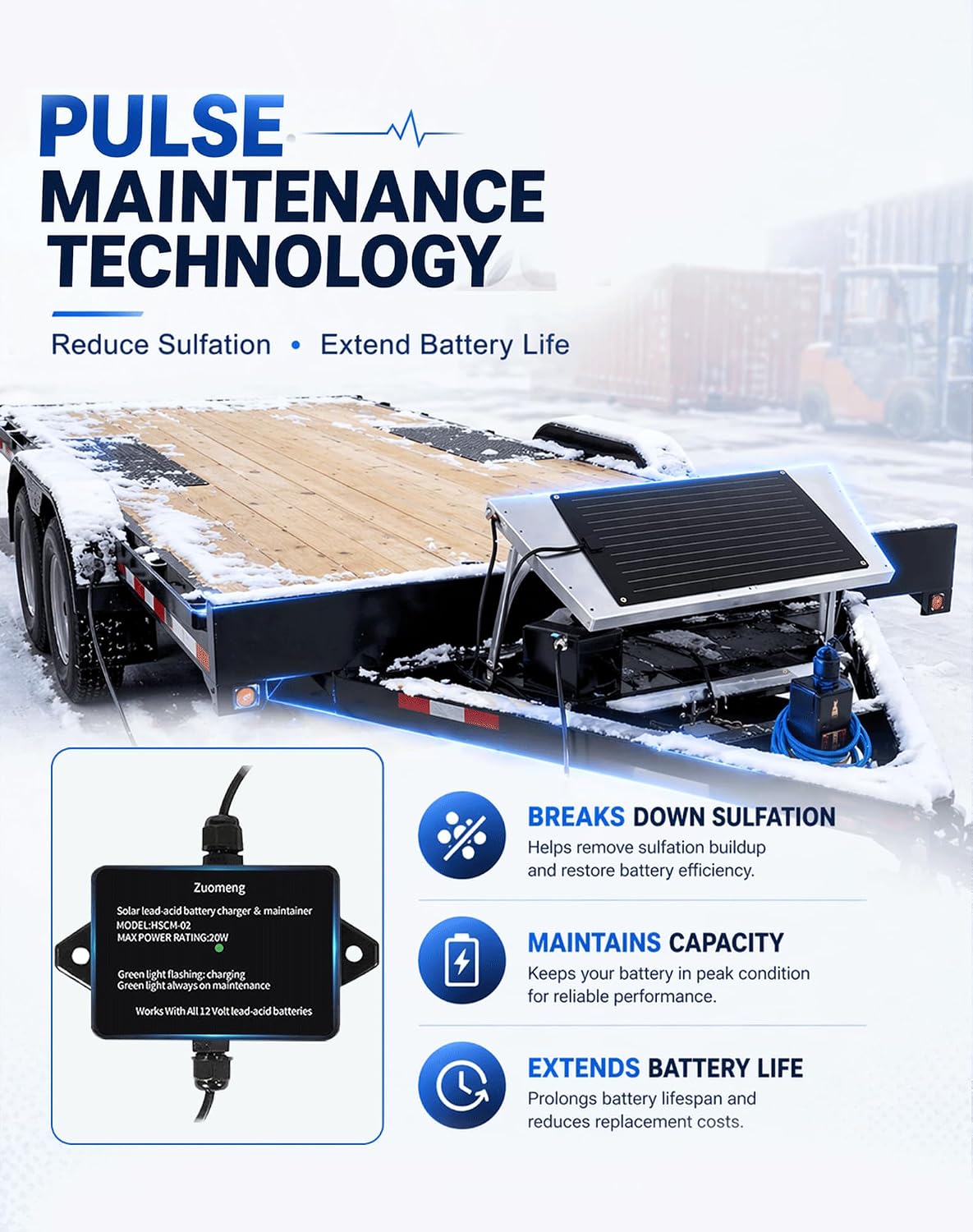20W Solar Battery Maintainer & Trickle Charger, MPPT & Pulse Tech Solar Panel Kit, 12V Lead-Acid Battery Charger, Weatherproof for Car Boat Dump Trailer Outdoor Use