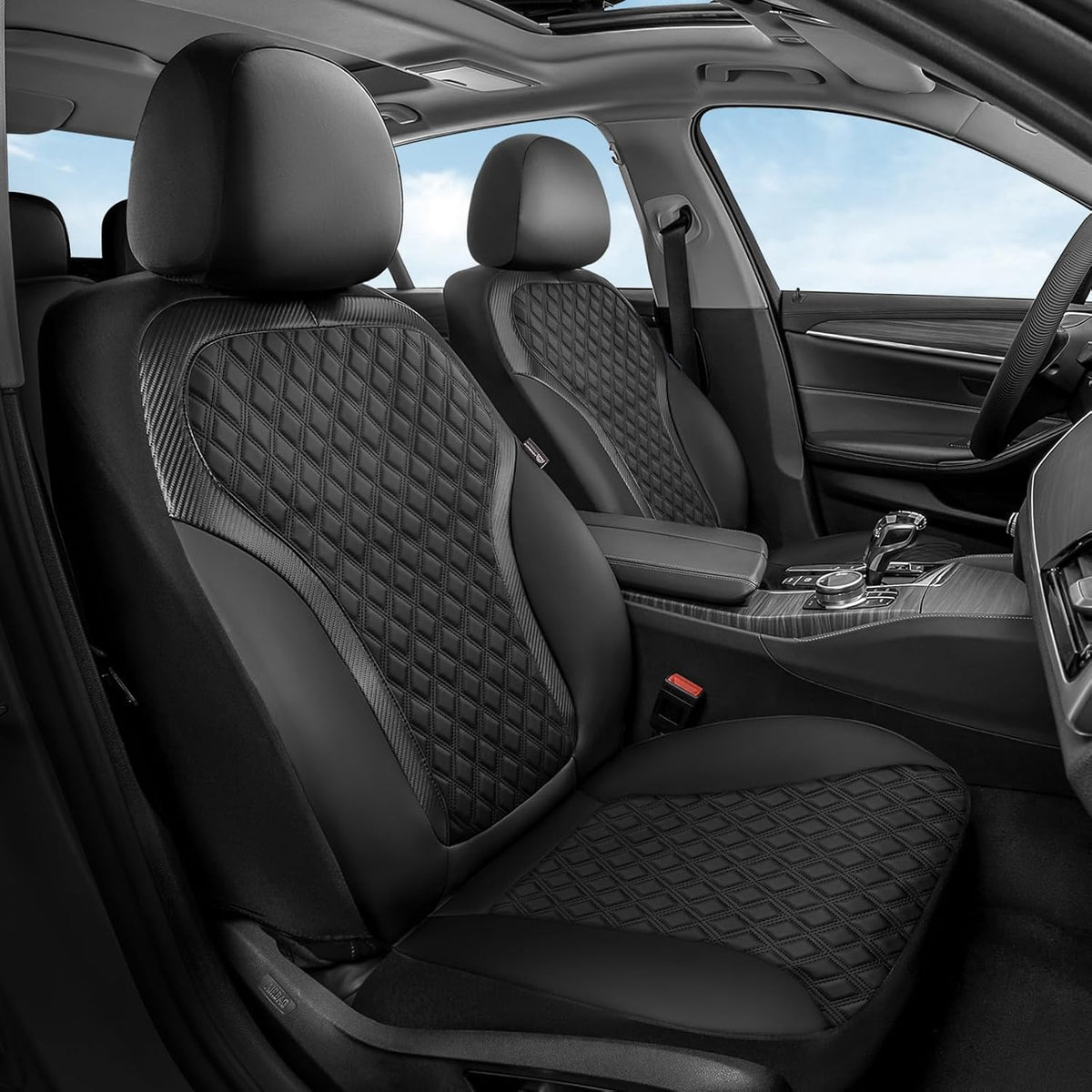 Coverado Front Seat Covers, Luxury Diamond Leather Car Seat Cover with Carbon Fibre Weave Design, Waterproof Car Seat Protectors, Black Driver Seat Covers Universal Fit for Cars SUV Trucks