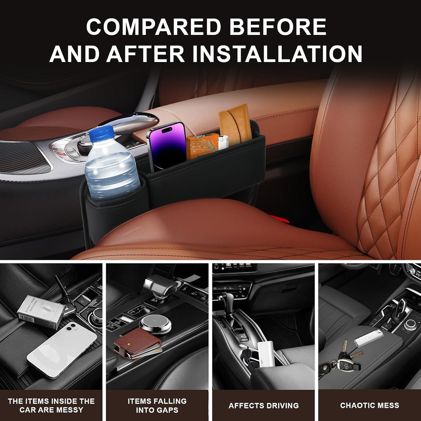 LINPING Car seat gap filler organizer,2024 Universal New Seat Gap Storage Box, Car Leather Cup Holder Gap Bag for Glasses Phones Keys and Cards (black, Driver+Passenger)