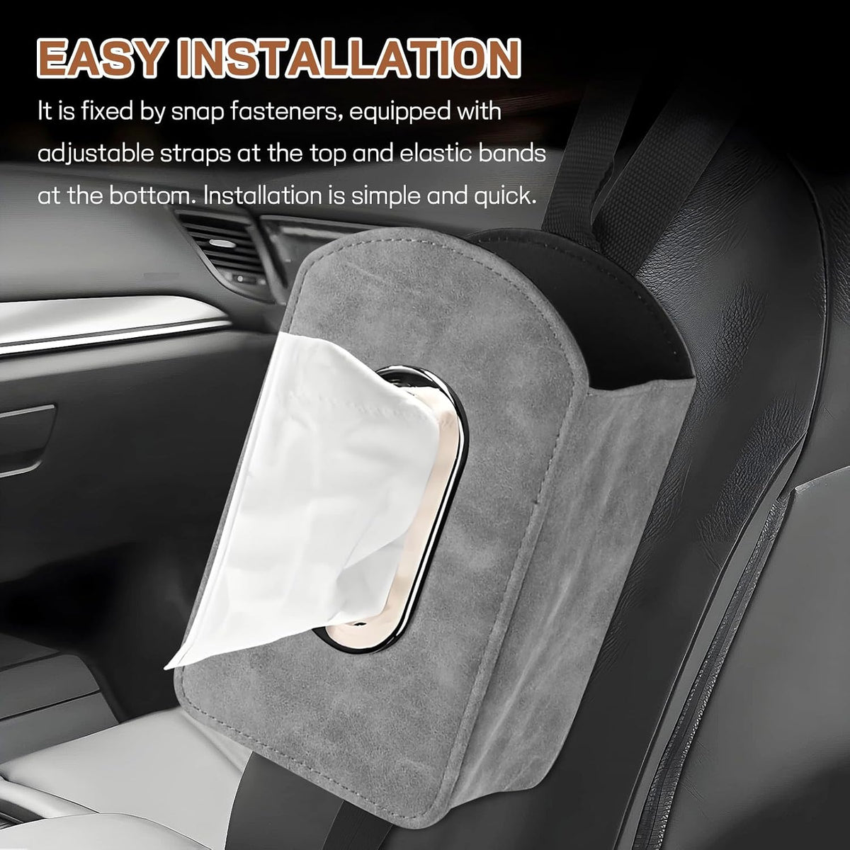 Car Seat Side Tissue Holder, Rectangular Leather Hanging Tissue Box Cover for Cars Front Seats, Automotive Seat Storage Organizer for Phone, Stuff, Universal Interior Car Accessories (Gray)
