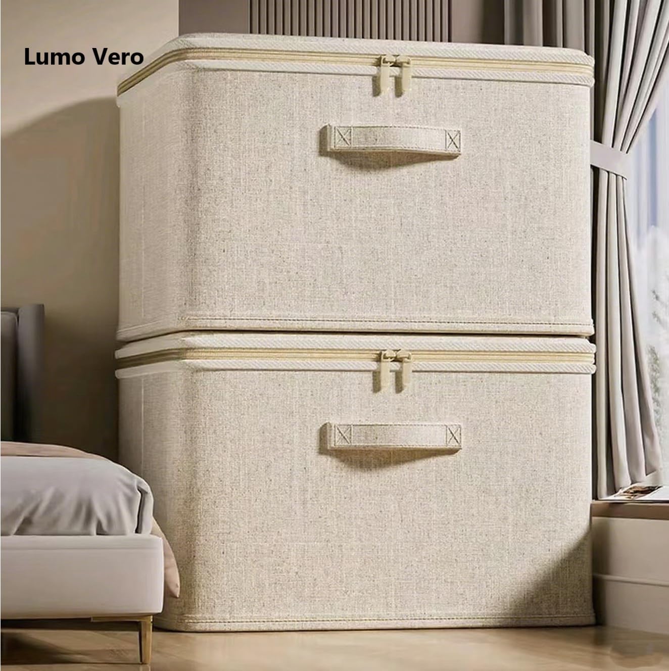[3 Pack] Beige Cotton Linen Collapsible Storage Bins for Home Organization, Waterproof Fabric Foldable Organizer Boxes, 17.72 x 13.78 x 10.24 Inches, Zippered Flap & Handle (Large)