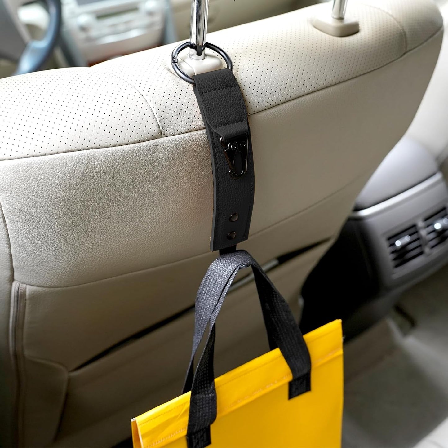 Adorila Car Hooks for Headrest - Backseat Storage Organizer Hangers - PU Leather Strap with Metal Snap Clip for Bags - (Black, 2-Pack)
