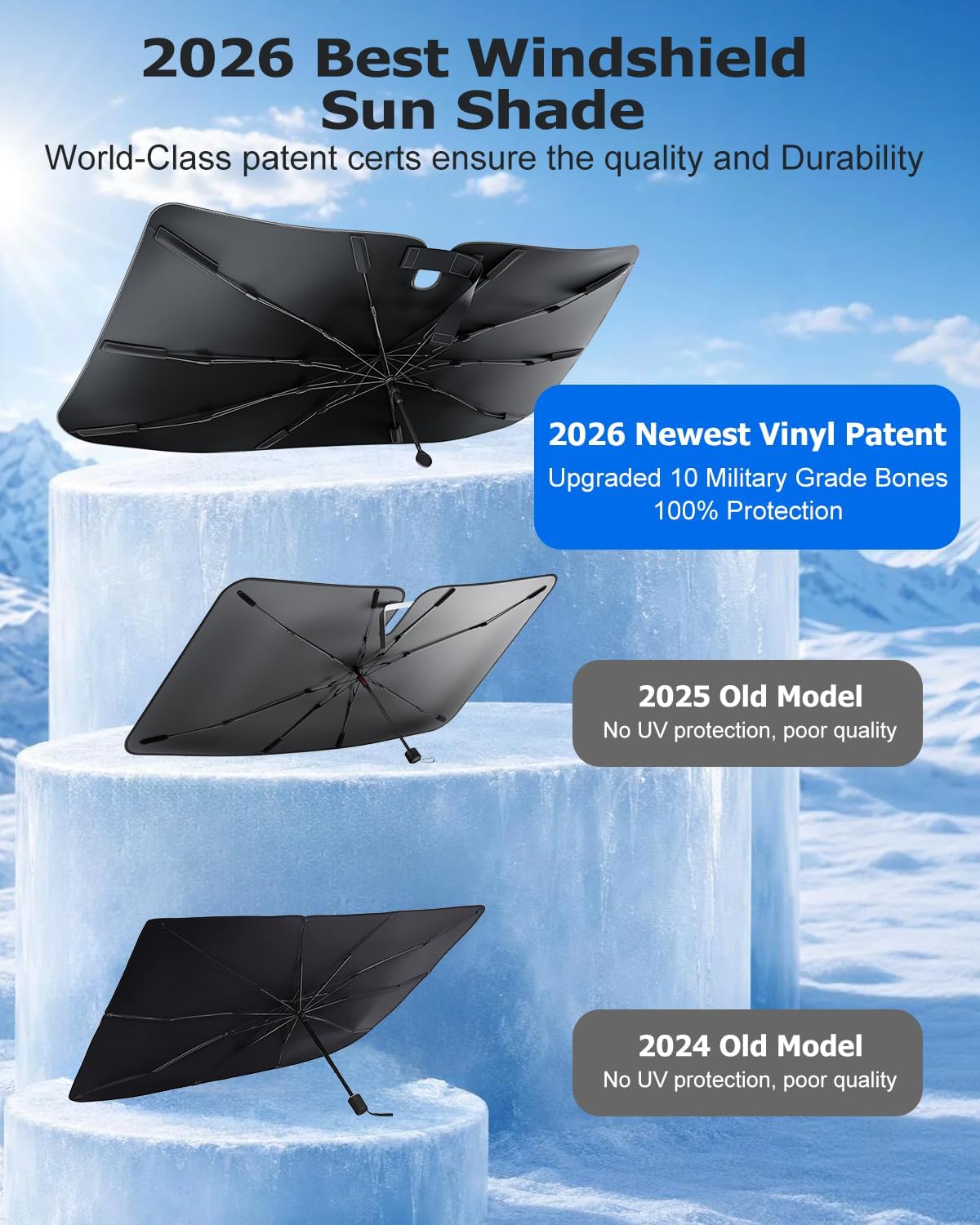 [2026 Upgraded] Weektic Truck Windshield Sun Shade for F-150/Silverado/Tundra/RAM 1500/Sierra - 5 Layers Ice Crystal Coating Blocks 99% UV, Cools Interior | 360° Swivel Handle for Easy Use