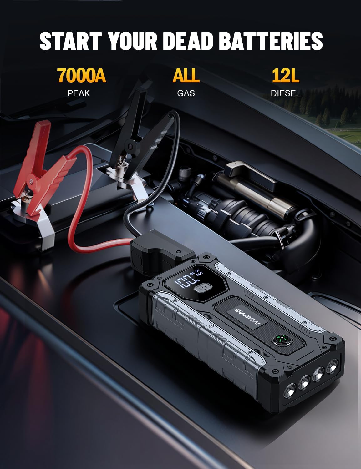 Sharmeal Car Jump Starter 7000A, Jump Starter Battery Pack for All Gas and 12.0L Diesel, 12V Portable Jump Box with LED Light