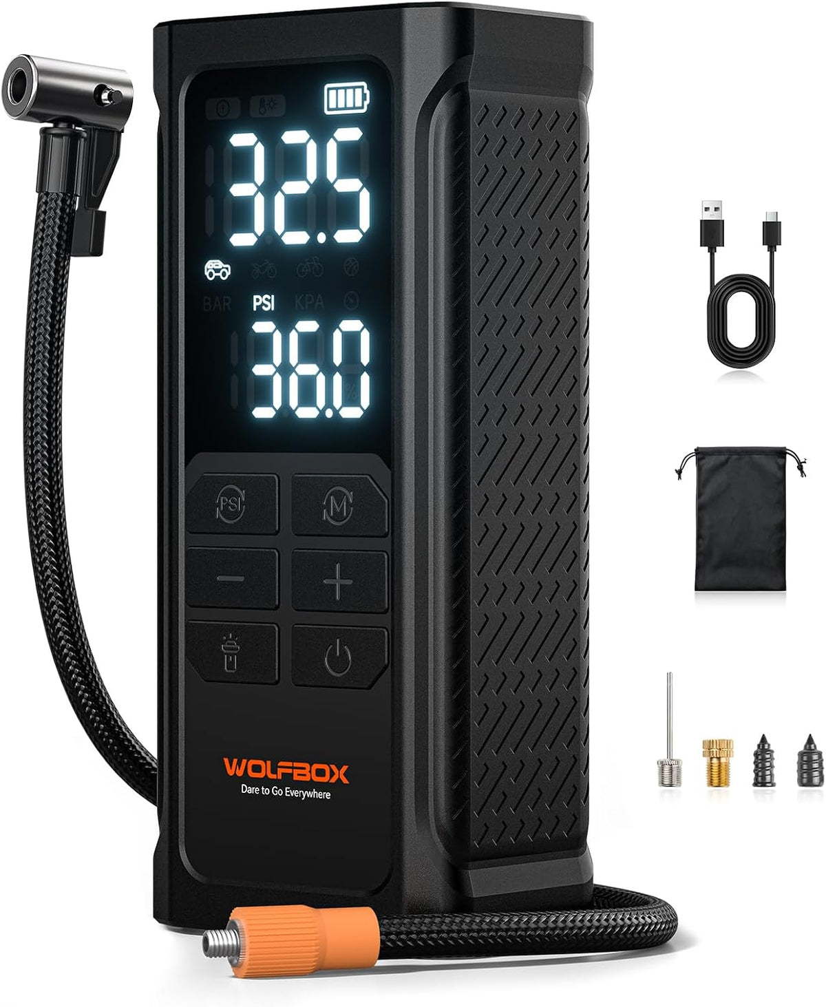 WOLFBOX HyperFlow19 Tire Inflator Portable Air Compressor, Cordless Air Pump for Car Tires with Digital Pressure Gauge, Auto Shutoff & Repair Plugs, Bike Tire pump for Car, Motorcycle, Ball