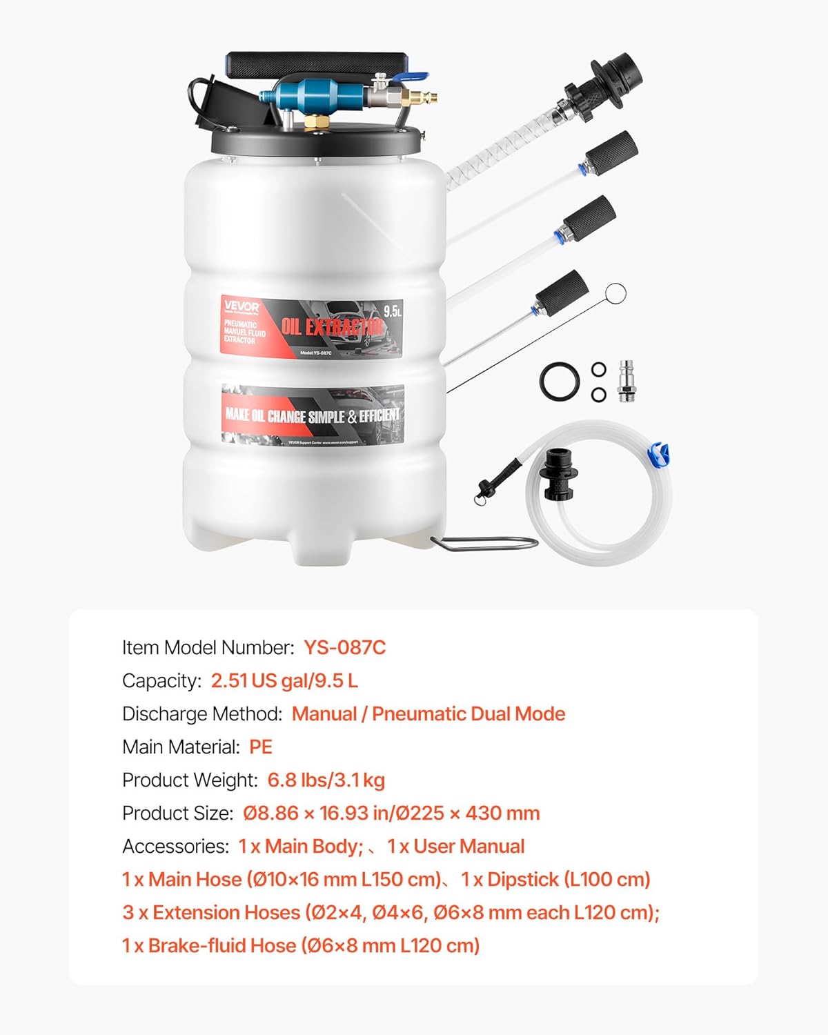 VEVOR Fluid Extractor, 9.5 L Capacity, Pneumatic/Manual Vacuum Oil Extractor Pump with 59 in Long Horse &amp; Three 47 in Extension Tubes, Oil Change Pump with PE Tank for Cars, Lawn Mowers, Boats