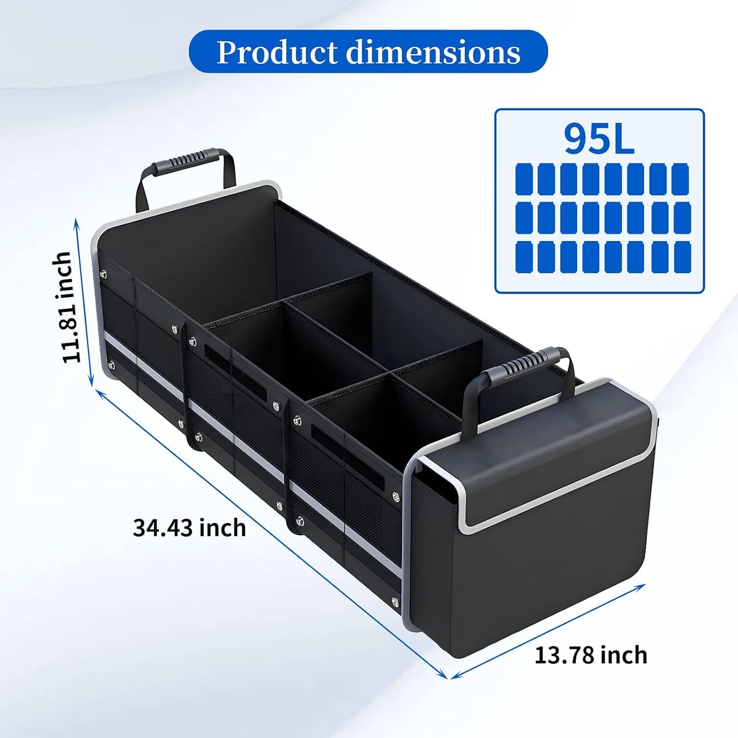 Collapsible Trunk Organizer for Car with Insulated Leakproof Cooler Bag, 3 Compartments SUV Cargo Organizer w/Removable Dividers, 5-in-1 Storage w/Foldable Lid & 2 Tie-Down Straps (Black)