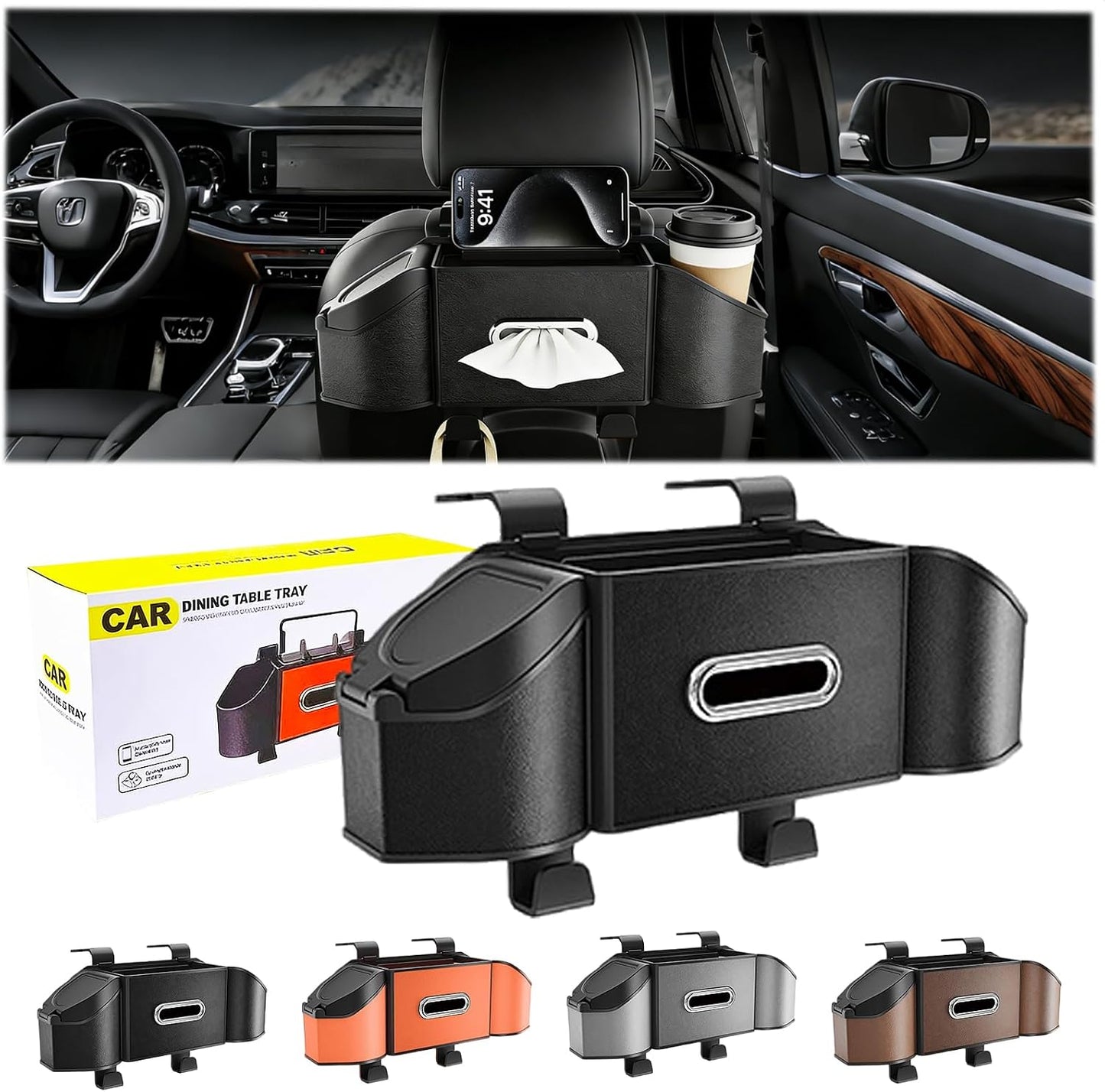 2026 Upgrade 4-in-1 Car Organizer Back Seat, Leather Multifunctional Car Organizer and Storage Box with Cup Holders for Hold Phone, Snacks, Drinks, Handbag, Keep Your Ride Clean & Organized (Black)