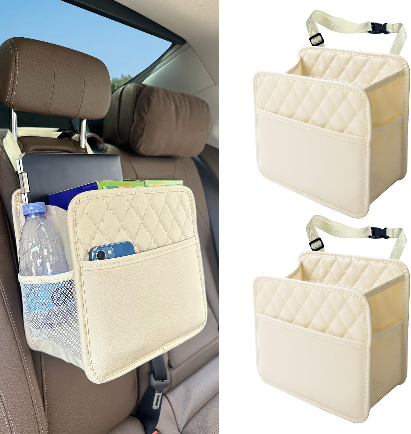 Witaxima Upgrade Car Seat Organizer Backseat with Storage Pockets, Multipurpose Car Organizer Hanging, Car Trash Bag Can,Premium PU Leather Garbage Can 2.14 Gallon Large Capacity, Black.