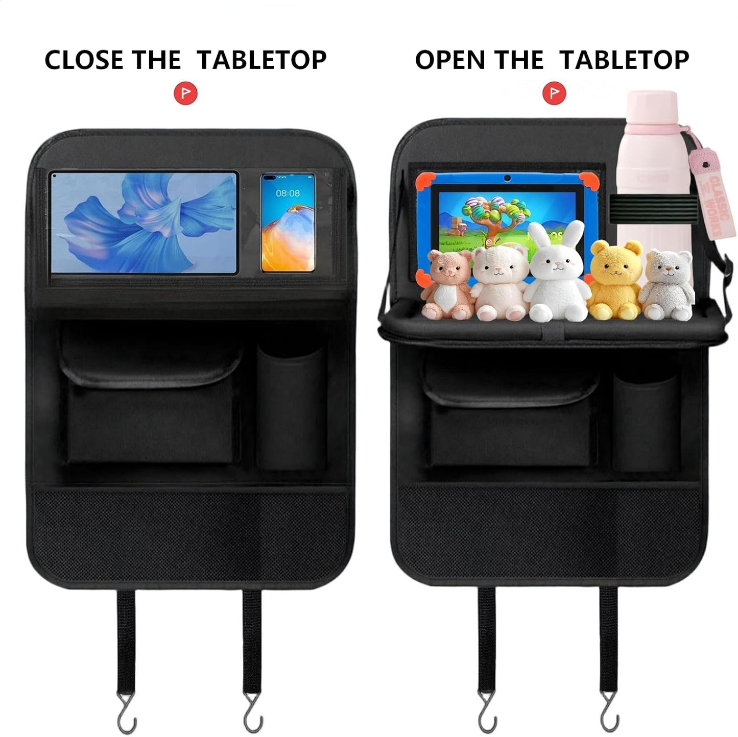 TCJJ Car Seat Organiser, Backseat Car Organizer for Kids, Car Backseat Seat Kick Protector With Tray and Touch Screen Tablet Storage Pockets Black/2 Pack