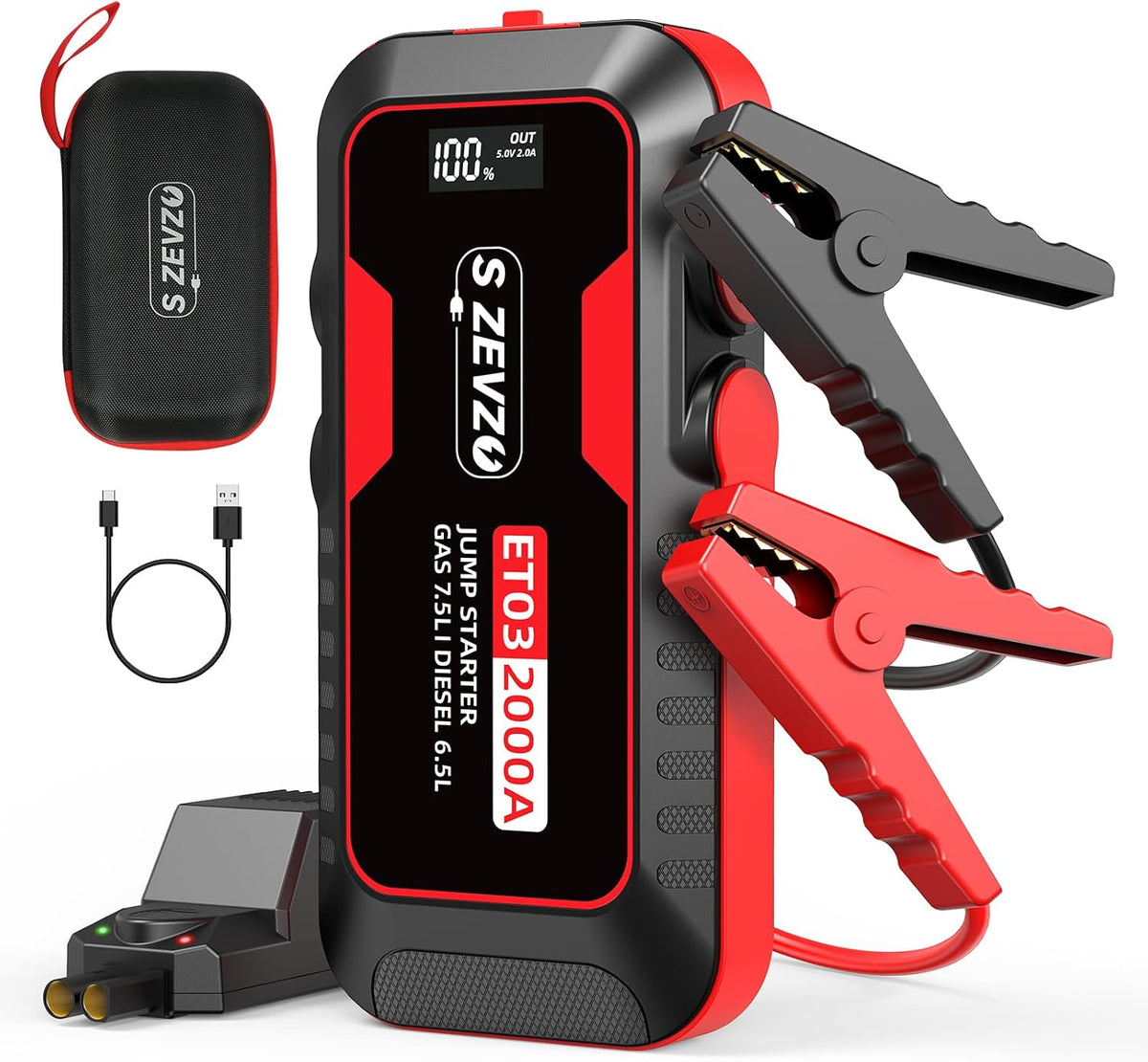 S ZEVZO ET03 2000A Car Jump Starter for 7.5L Gas and 6.5L Diesel Engines