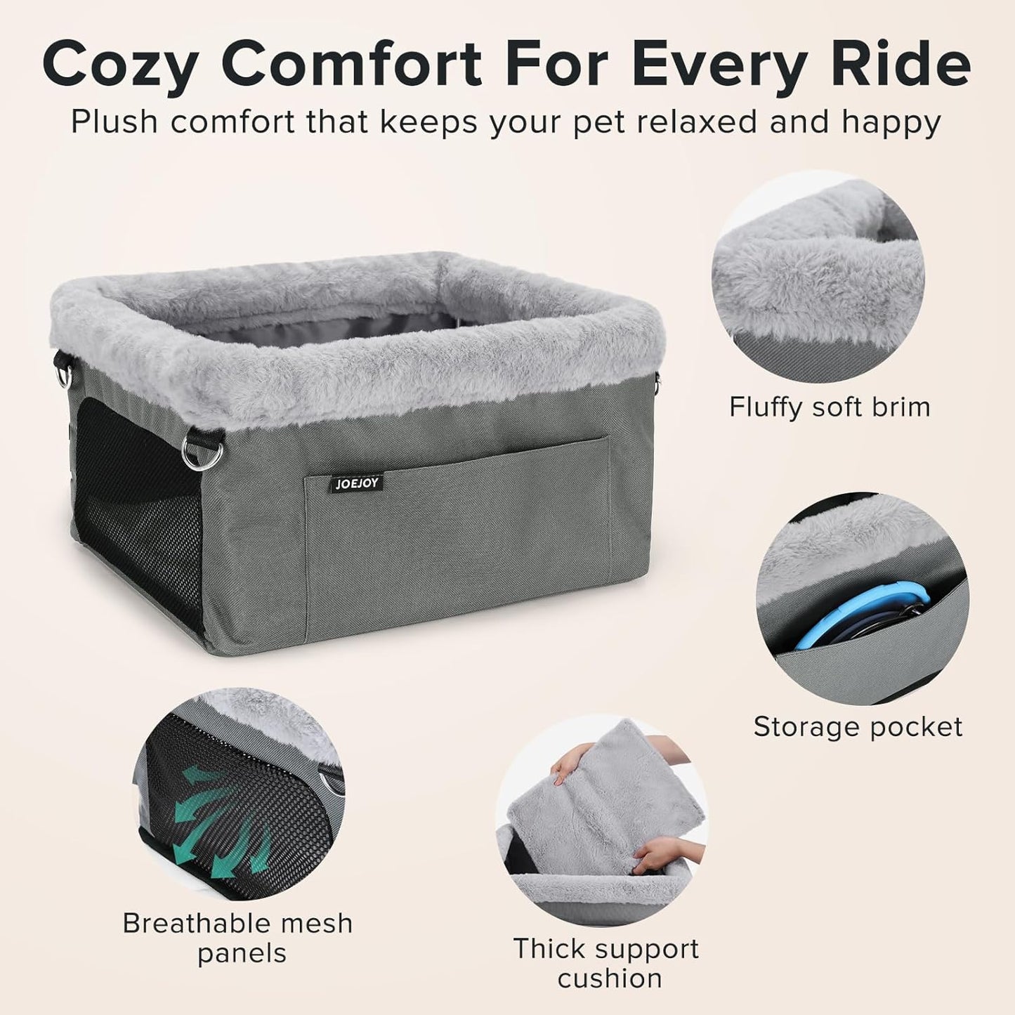 JOEJOY Deluxe Dog Booster Seat with Sturdy Metal Frame and Safety Leash for Small Pets up to 20 lbs - Portable Puppy Dog Car Seat with Thick Cushion and Storage Pockets for Small Dogs