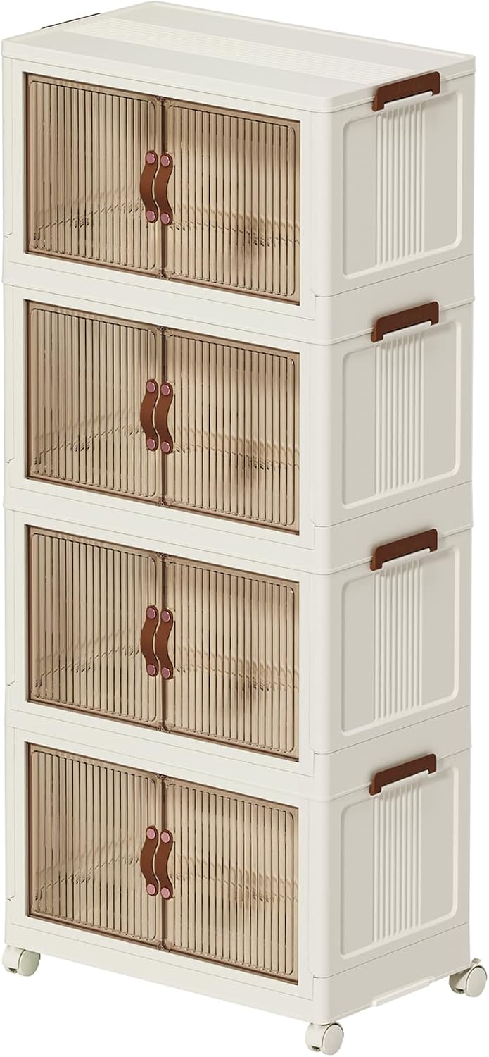 Collapsible Storage Bins with Lids - Stackable Plastic Closet Organizers for Clothes, and Home Organization White (3-rack, 30Gal/rack)