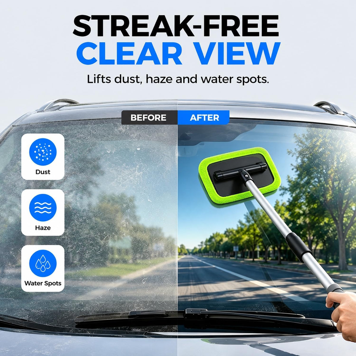 XINDELL Interior Windshield Cleaner Tool – Car Window Cleaning Tool Extendable Handle for Easy Cleaning, 9pcs Reusable Microfiber Pads, Streak-Free Interior & Exterior Auto Glass Cleaner