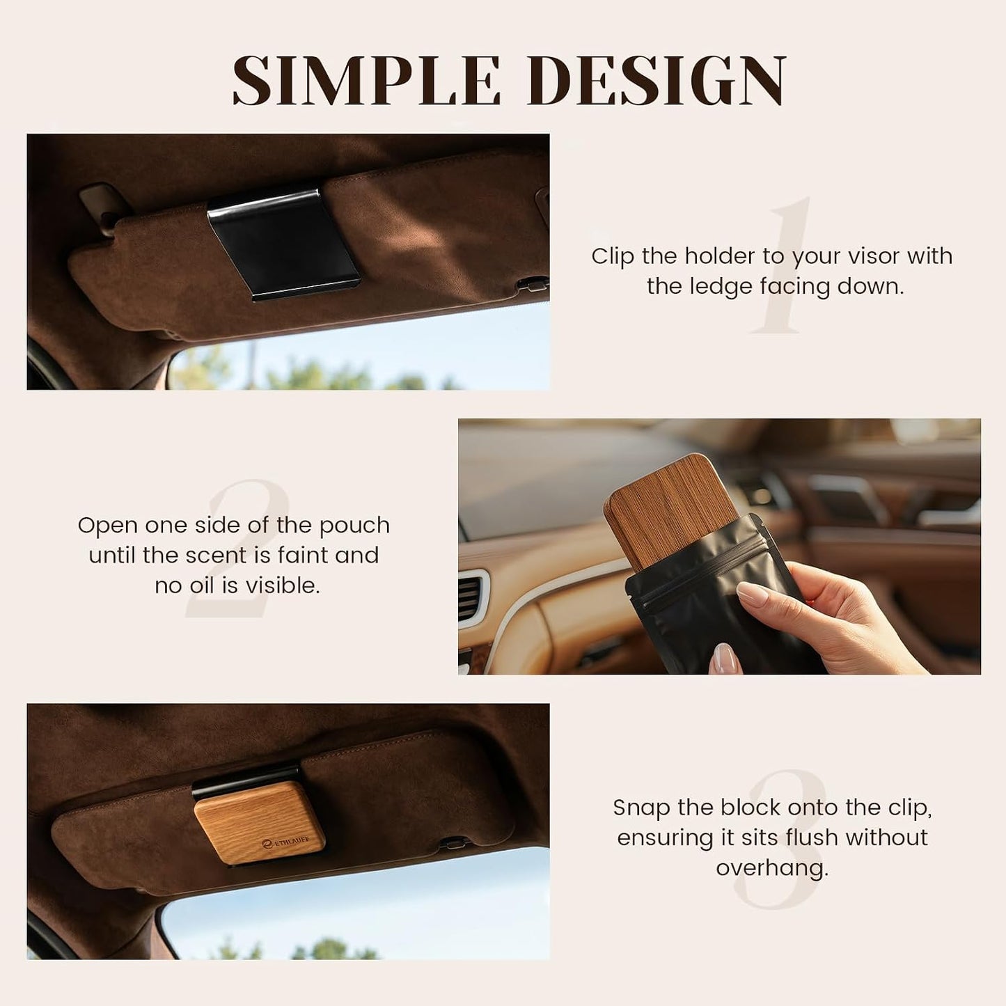 Car Air Freshener - Wood Air Freshener-Amber Blossom, Golden Coast,Sea Salt & Sage, Variety Scent Refill - Long Lasting Natural Car Fresheners - 1 Metal Clip & 3 Refill Oil Included