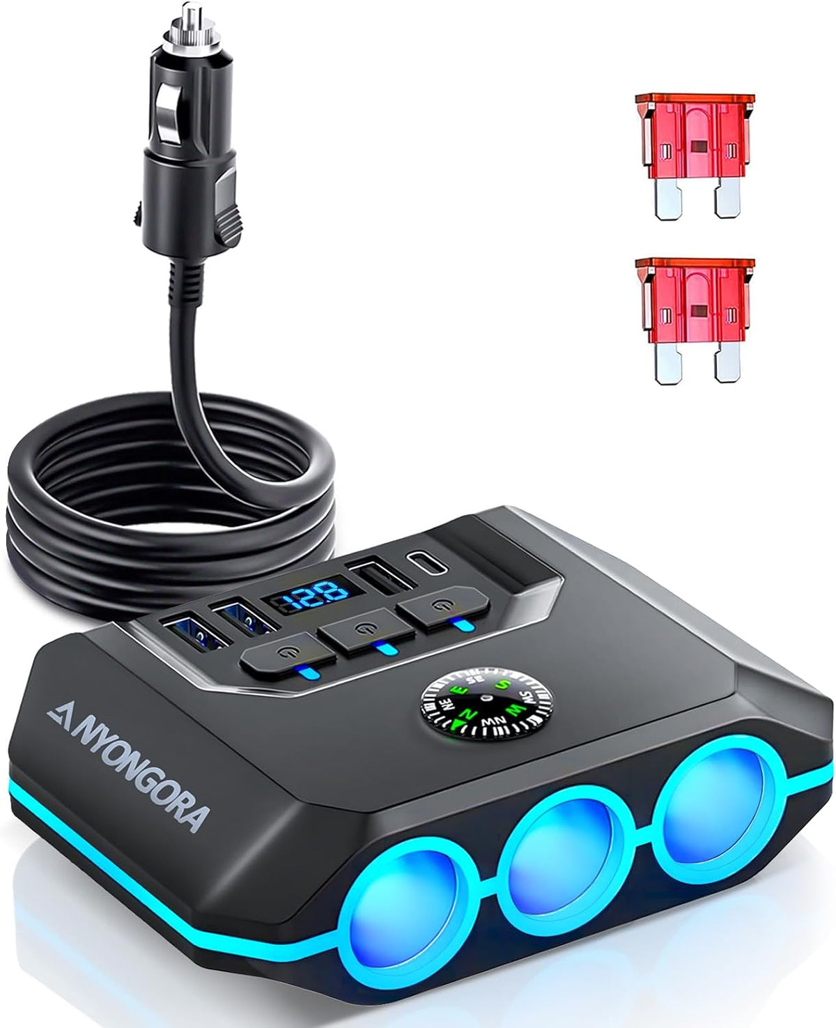 Anyongora 7-in-1 Cigarette Lighter Splitter 120W, 3 Sockets & 4 USB (A/C)