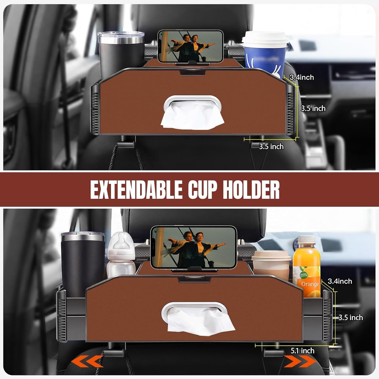 5-in-1 Back Seat Car Organizer and Storage with Extendable Cup Holder, Tissue Holder, Phone Holder, Hanging Hooks, Trash Bin, Back of Seat Car Headrest Organization Accessories for Women Man