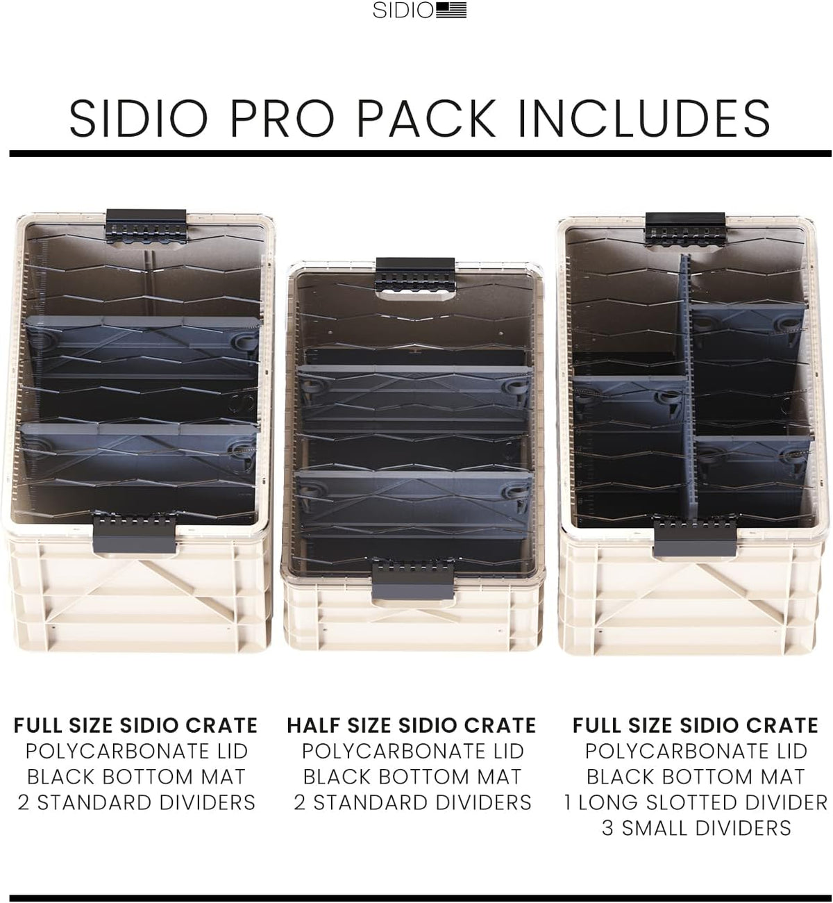 SIDIO Pro Pack, HD Stackable Storage Bins with Lids & Dividers, Tan