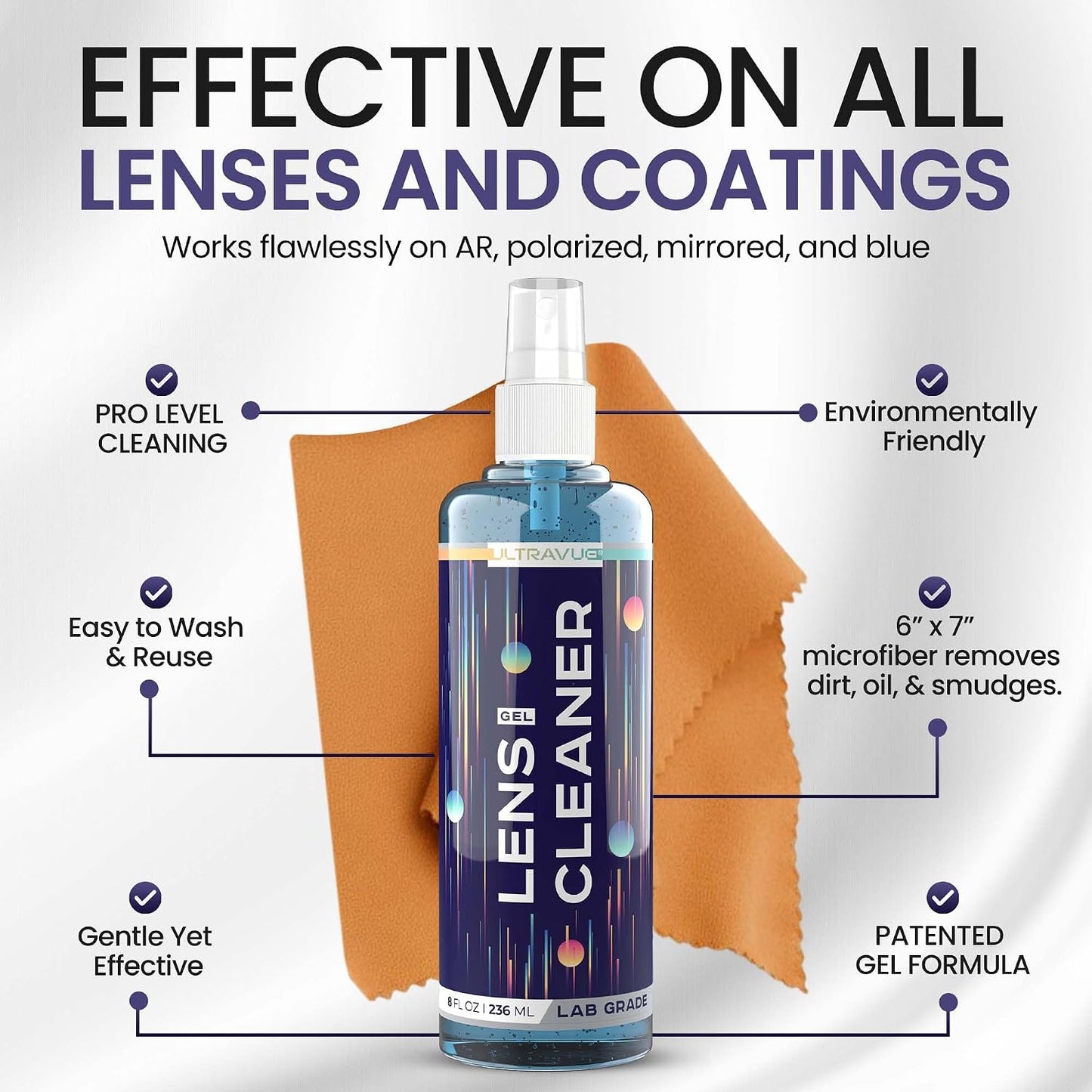 Eyeglass Gel Lens Cleaner Spray Kit - 2 x 8oz and 1 x 2oz Gel Eyeglasses Cleaner Spray Bottle + 2 Microfiber Cloth for Cleaning - Safe for All Lenses (AR Coated Included)