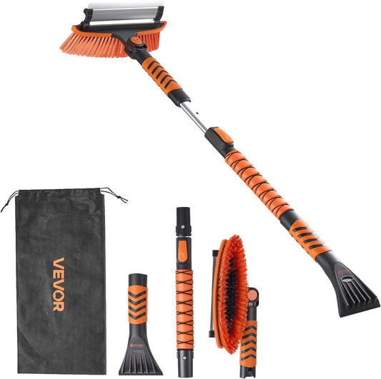 VEVOR Car Snow Brush, 3-in-1 Snow Remover for Car Windshield - with 180° Pivoting Brush Head, Squeegee & Ice Scraper, 34.3"-42.1" Extendable Aluminum Handle and Foam Grip for Cars, Truck, SUV, RV