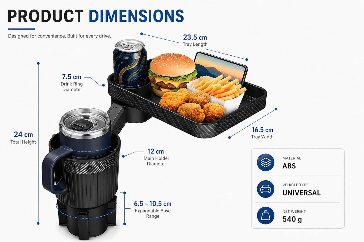 NEVERLAND Car Cup Holder Expander with Tray - 3-in-1 Car Food Tray & Table for Eating - 10" Rotating Surface with Phone Holder - Fits Yeti, Stanley, Owala up to 64 oz - Black Road Trip Essentials