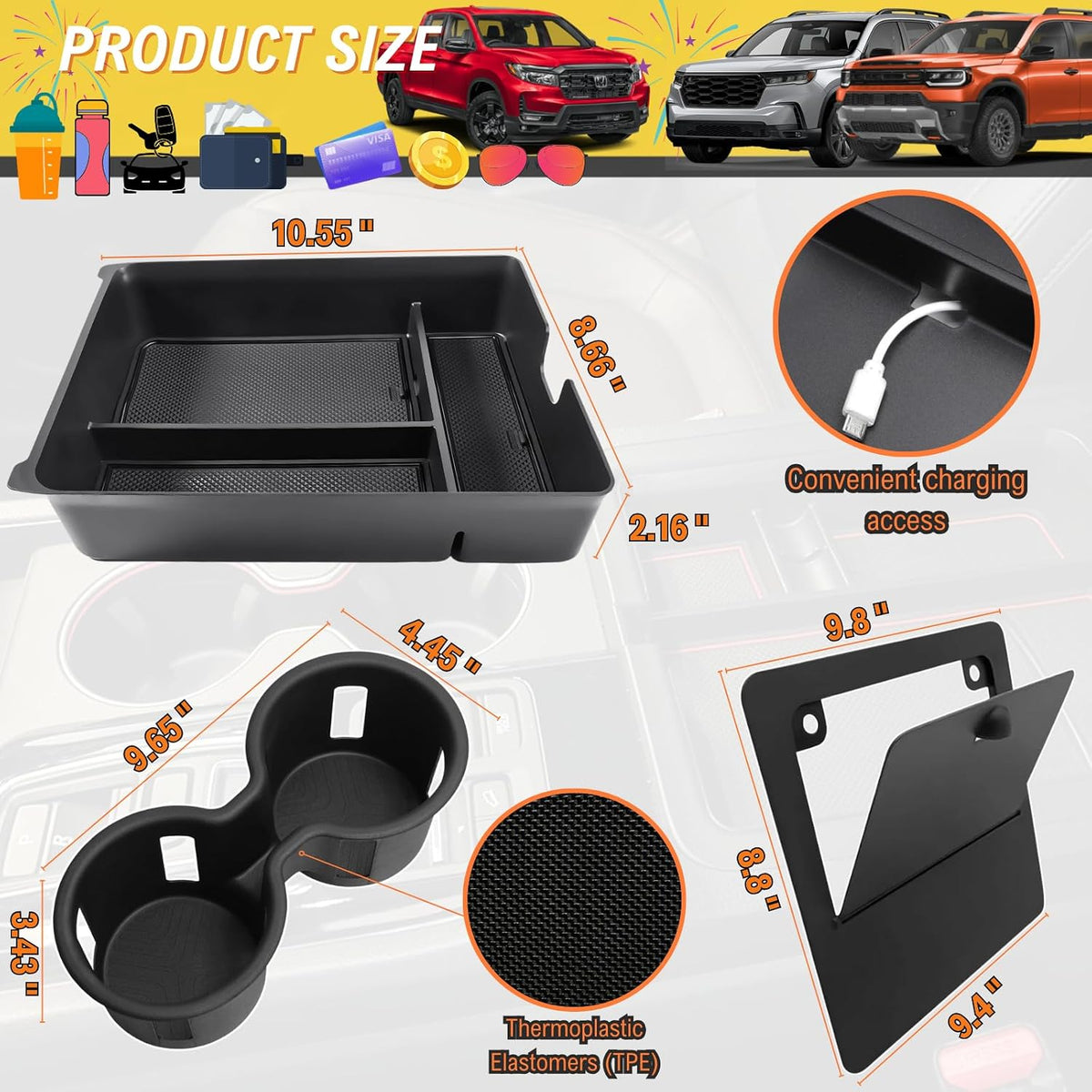 3Pcs Center Console Organizer for 2023-2026 Honda Pilot/Passport/Ridgeline