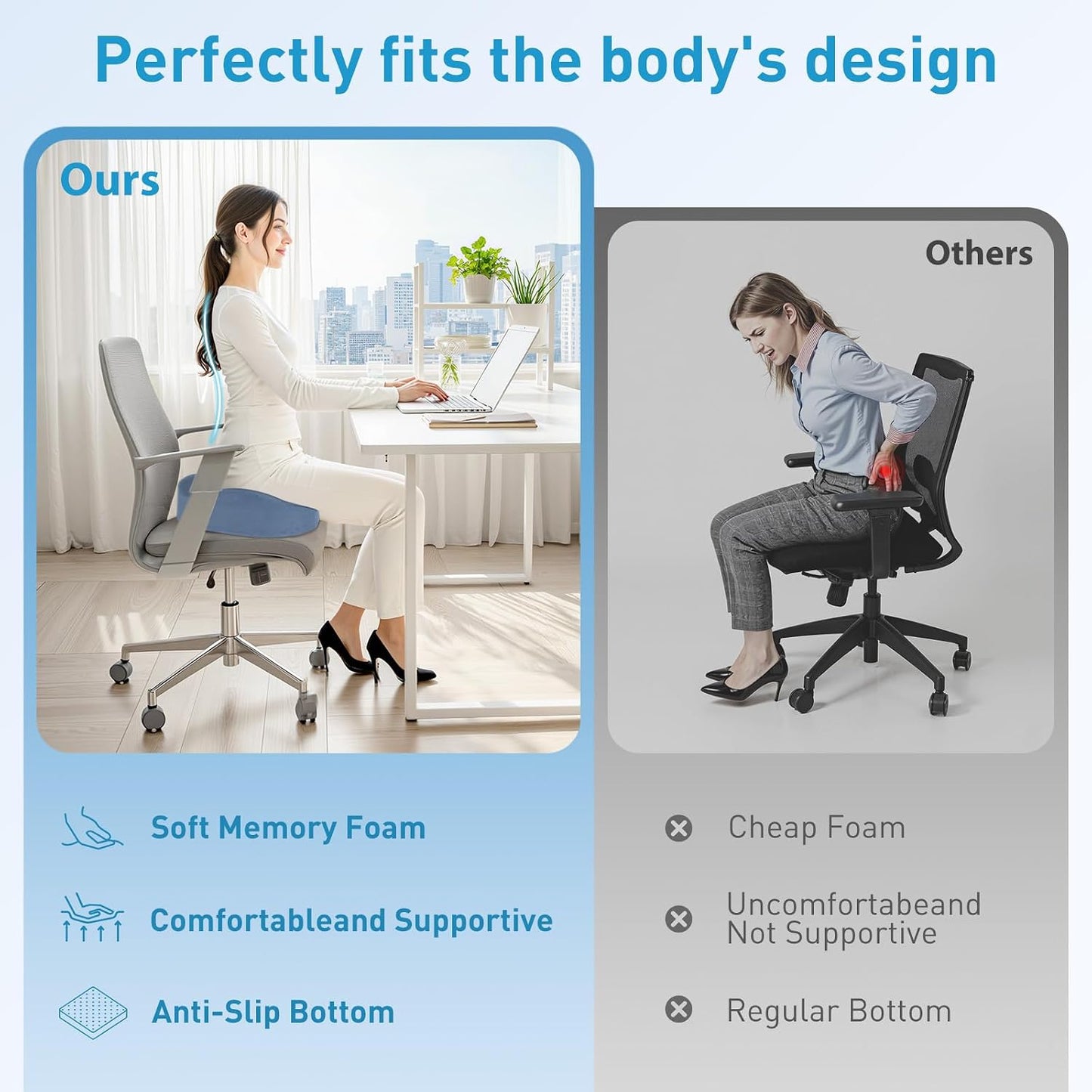BlissTrends Extra Thick Seat Cushion for Office Chair & Car Seat,LightBlue | Tailbone & Sciatica Relief, Ergonomic Support, High-Density Memory Foam, Comfort for Extended Sitting