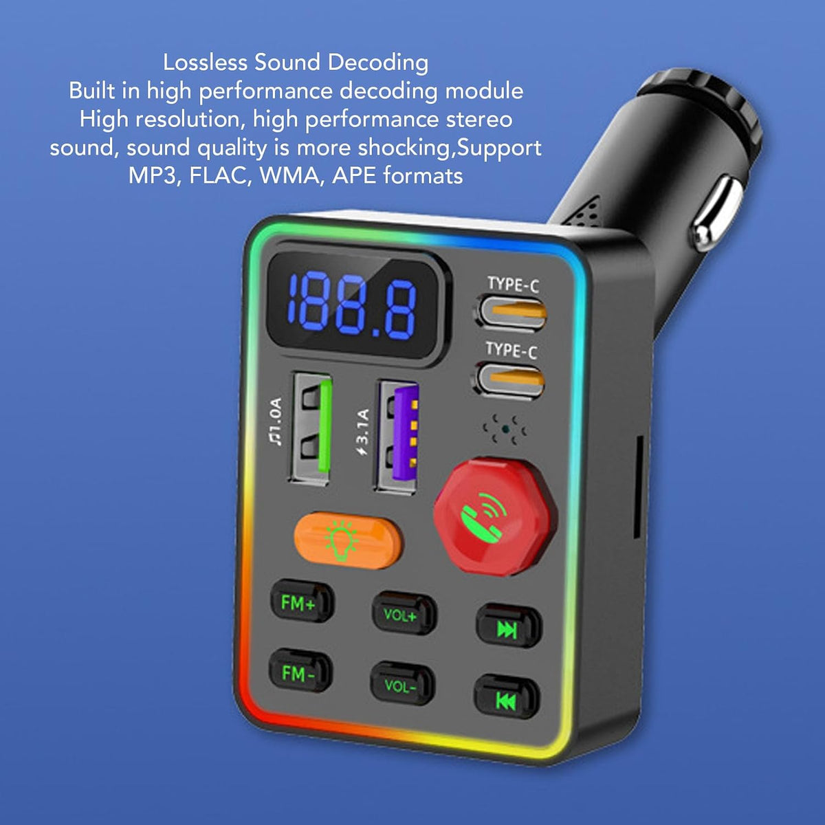 Zunate Car Bluetooth Adapter FM Transmitter with Large Digital Display, USB Type C and USB Fast Charging Car Charger, MP3 Music Stereo Sound Player Radio Adapter for 12V 24V Vehicles