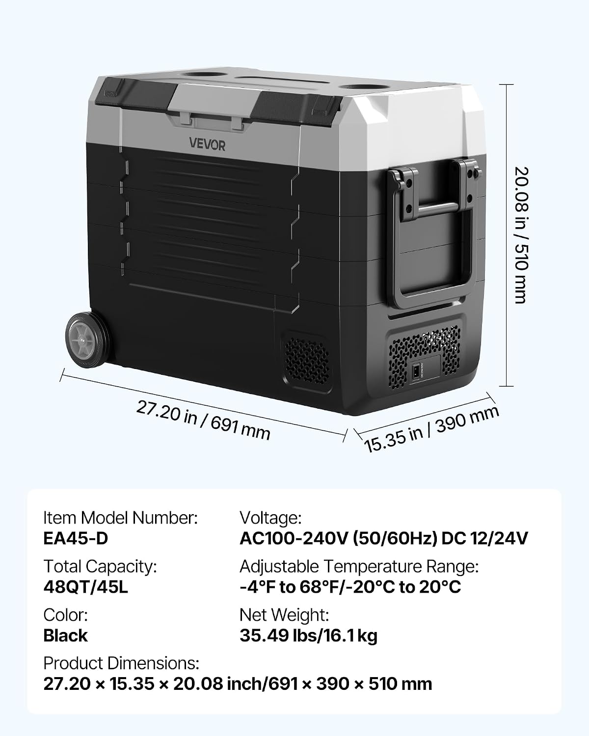 VEVOR Car Refrigerator, DC 12/24V AC100-240V Compressor Electric Cooler, -4°F to 68°F Truck Refrigerator with APP Control, Wheels & Dual Zone, 48 QT Cars Cooler for RVs, Boats, Camping, Fishing