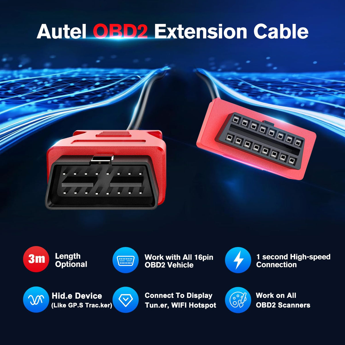 Autel OBD 2 Extension Cable, 10ft 3M, 16 Pin OBD II OBD2 Extension Cord