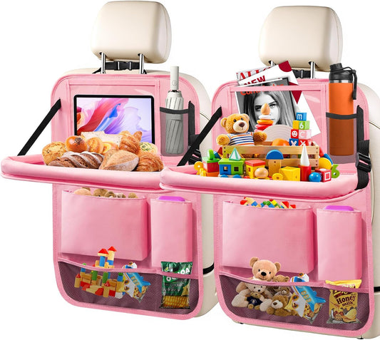 2Pack Car Backseat Organizer with Foldable Table Tray,6 Storage Pockets Car Storage Organizer with Tablet Holder,Car Seat Back Protectors Kick Mats Travel Accessories (Pink)