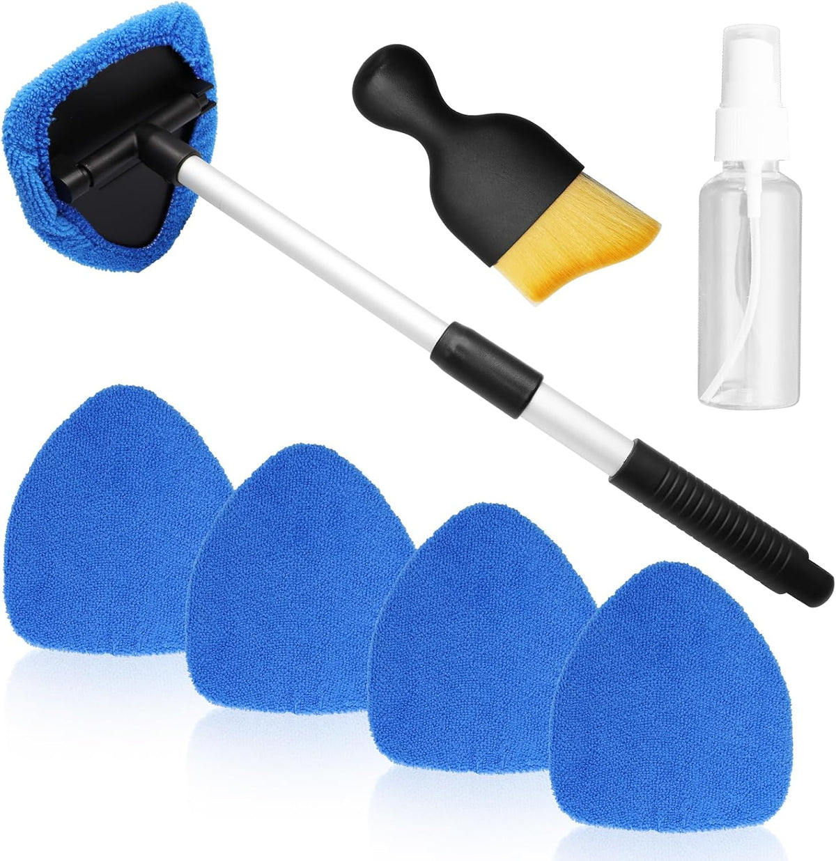 Uenhoy 13 Pcs Car Window Cleaning Kit, Windshield Cleaner Tool with Extendable Handle, 8 Microfiber Pads & 2 Spray Bottles & Brush, Auto Glass Wiper for Car and Home Window Cleaner, Blue
