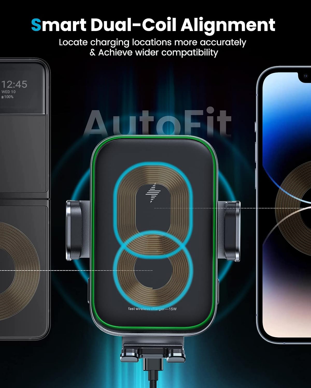 APPS2Car 15W Wireless Car Charger Cup Holder, Dual Coil, Auto Clamping