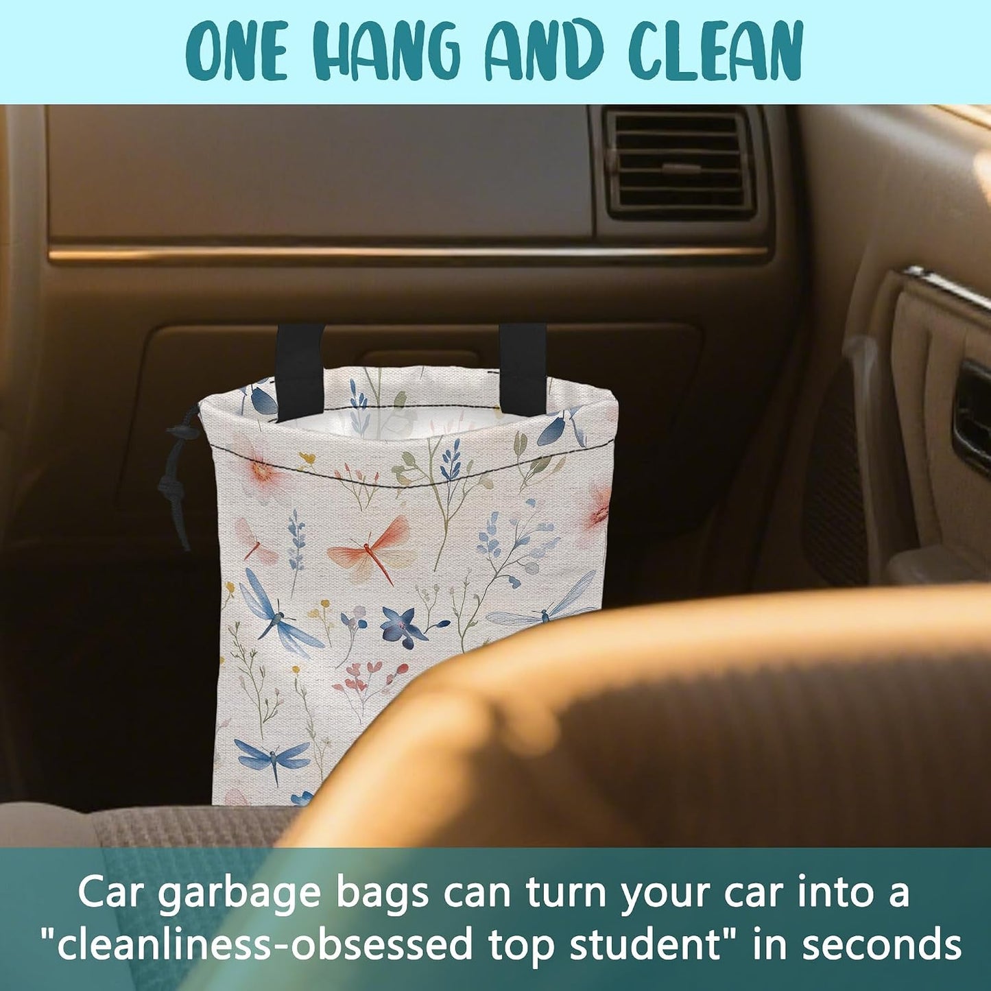 Car Garbage Bag Watercolor Flowers and Dragonflies Hanging Canvas Car Trash Bag Drawstring Car Back Seat Organizer for Car Back Front Seat Console with Adjustable Buckle